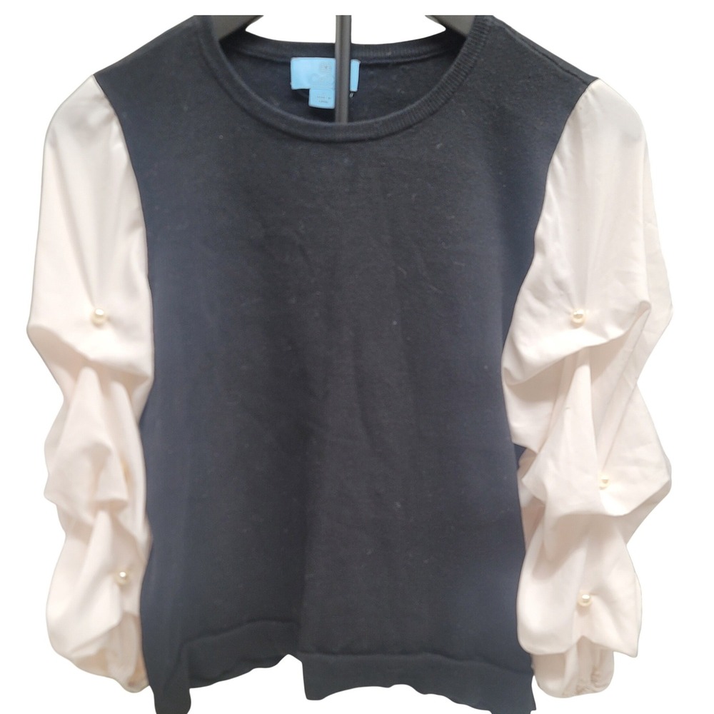 CeCe Womens Black White Ruffle Pearl Sleeve Sweater Top Size S